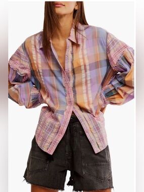 Free People We The Free Madras Dreams Plaid Button Up Shirt Oversized – Medium